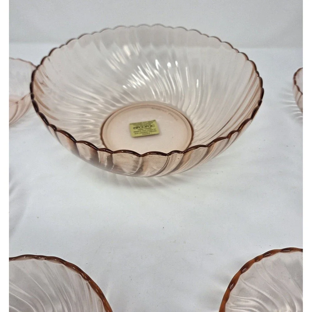 Arcoroc France Rosaline Pink Swirl Glass‎ Salad Bowl Set 7 Pc Vintage 1970s